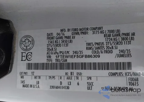 2016 Ford F-150 Lariat из США, поврежденный, VIN 1FTEW1EF5GFB86309